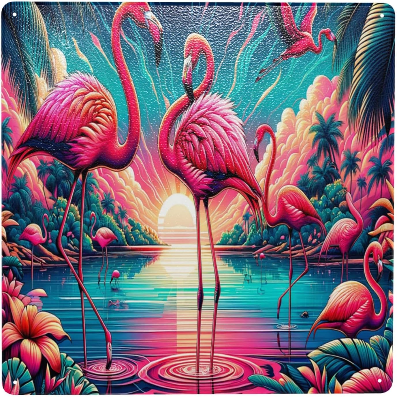 Tropical Flamingo Metal Wall Art Decor Sign 8x8inch