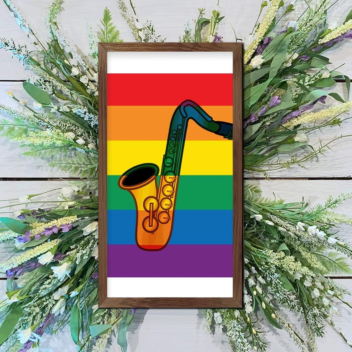 LGBTQ Pride Wood Framed Rainbow Saxophone Wall Art Sign