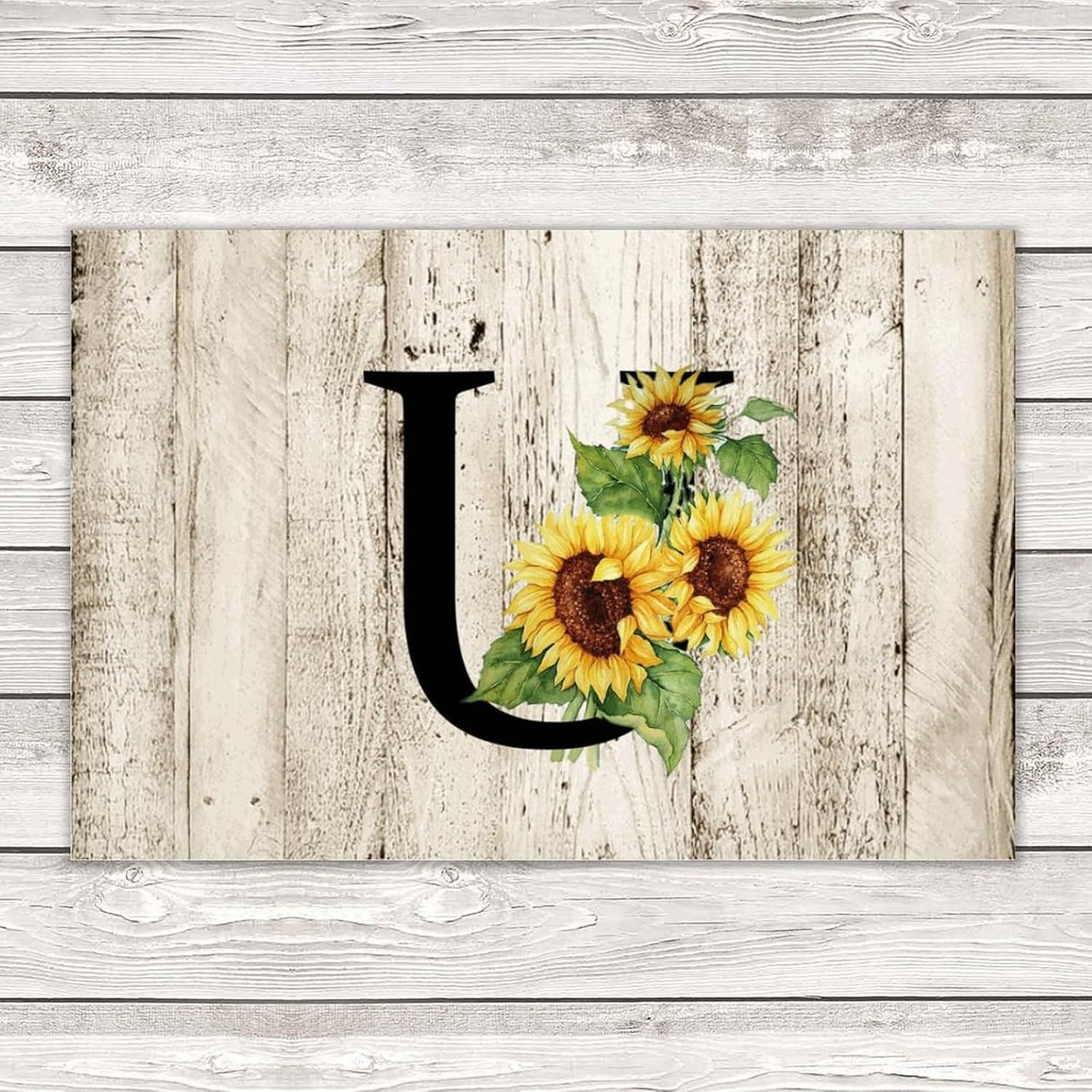 Sunflower U Monogram Wall Art Rustic Wood Plaque 12x18 Inch
