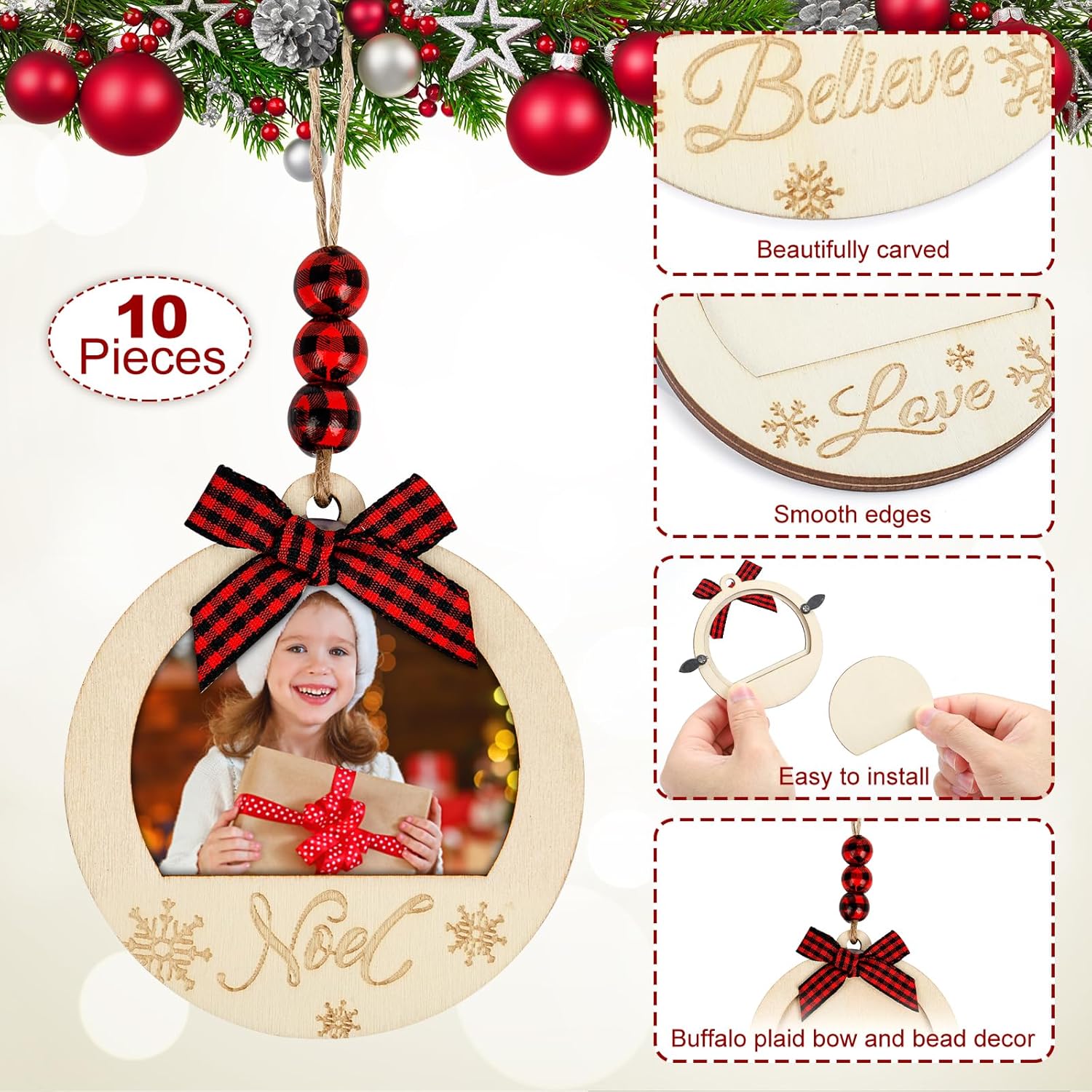 COCHIE Christmas Picture Frame Ornaments 10PCS Red Black Buffalo Check