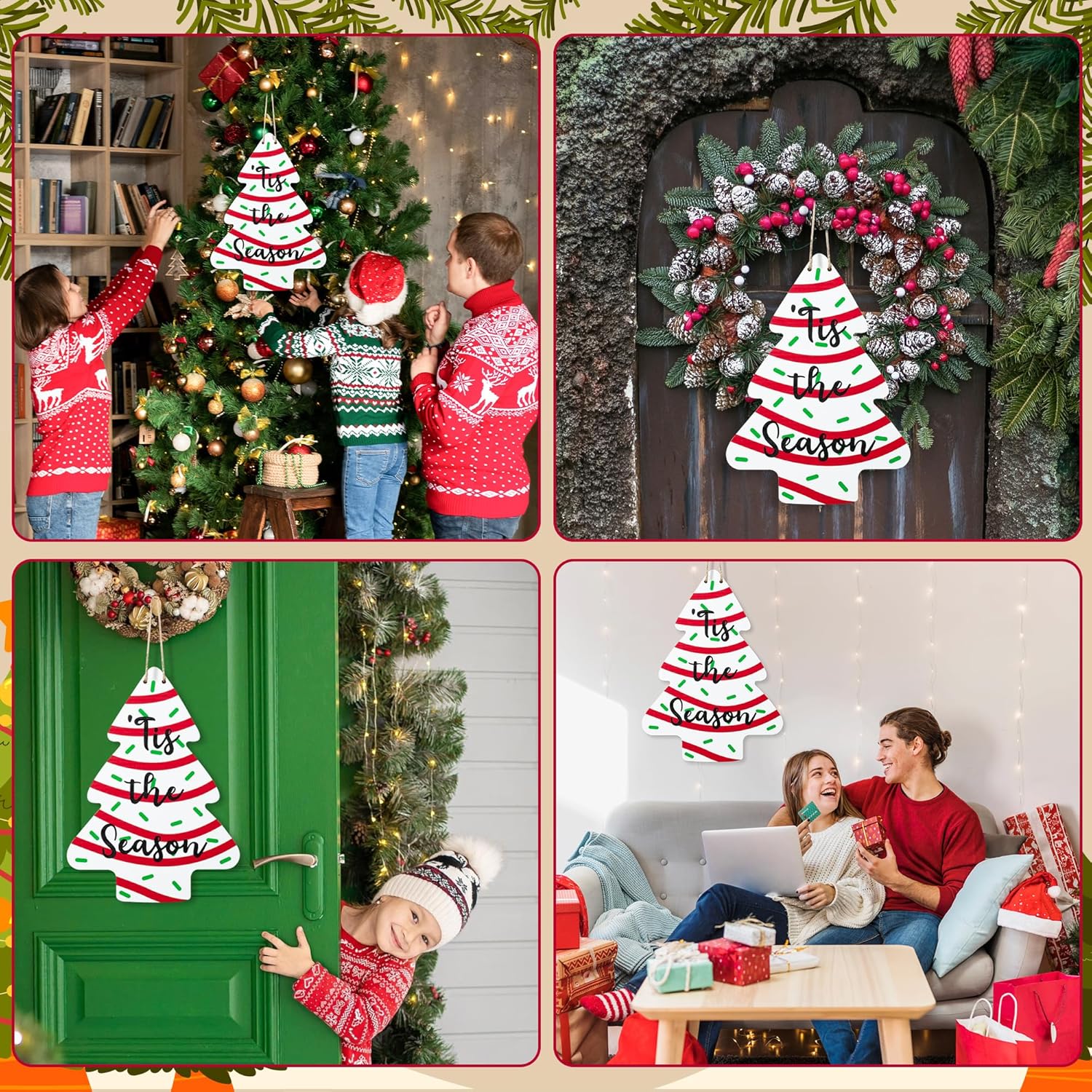Christmas Tree-Shaped Wooden Door Sign with Hanging String