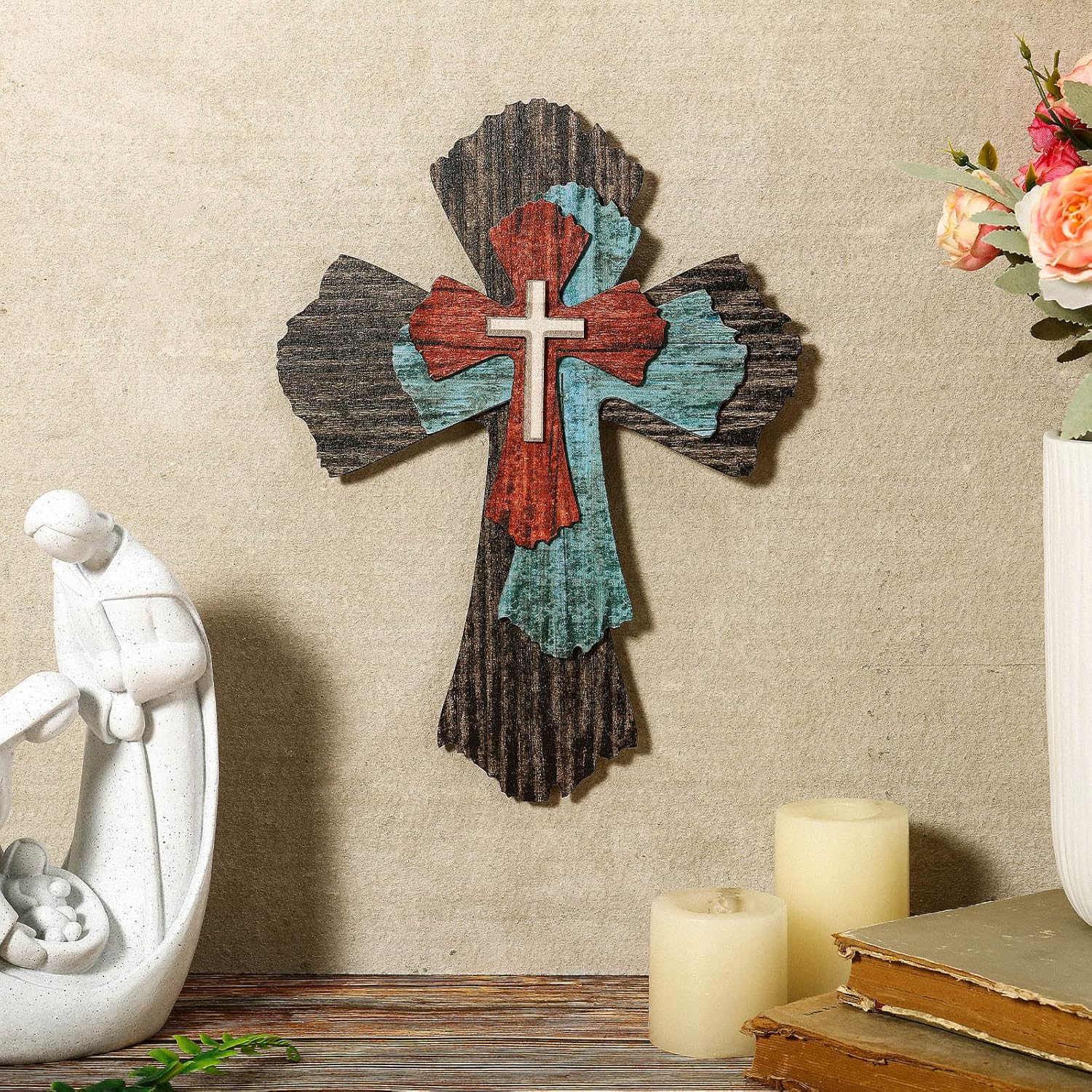 Blulu Rustic Wooden Wall Cross Decor Art Sculpture