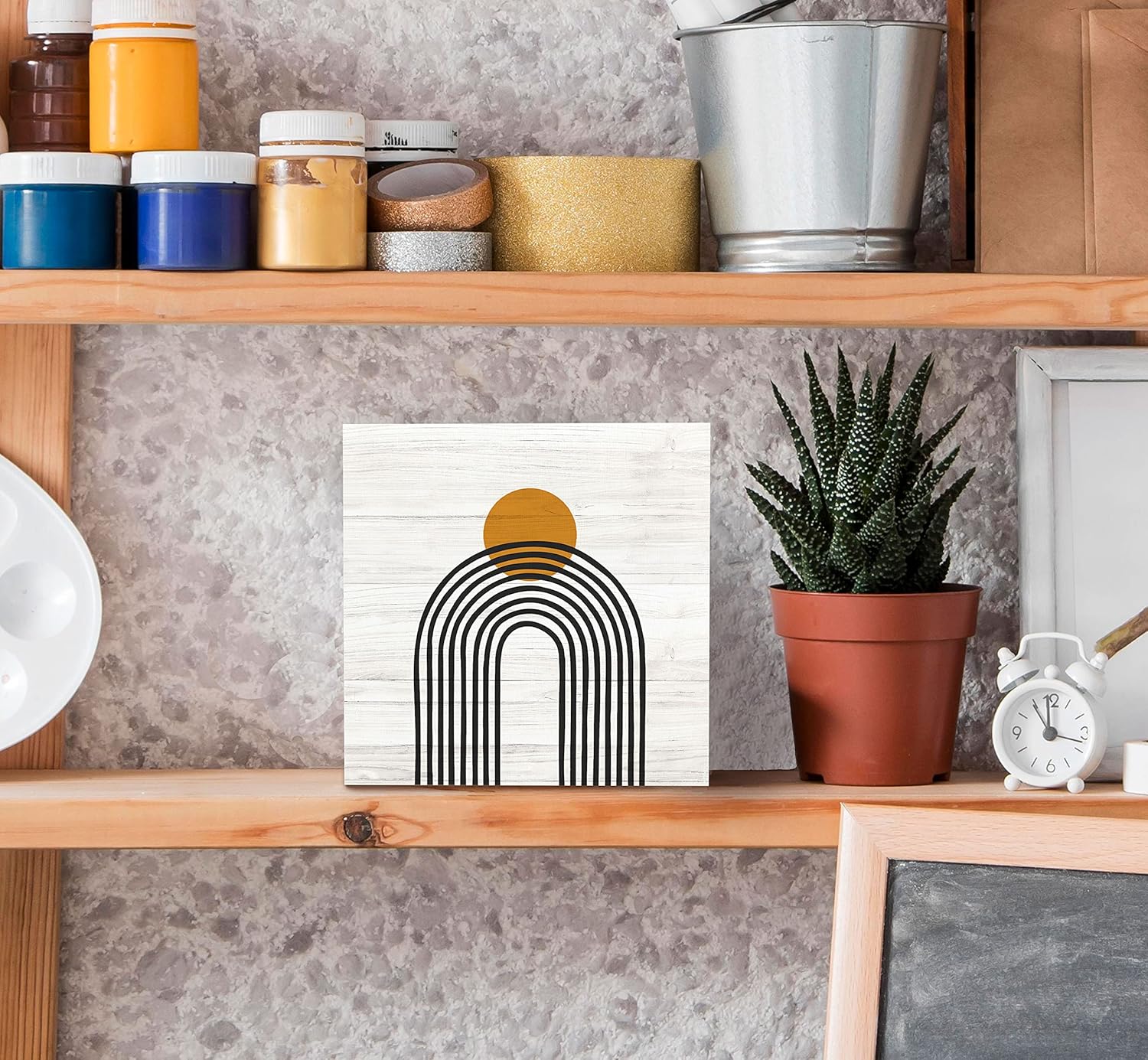 Boho Rainbow Abstract Geometric Wood Box Sign Desk Decor