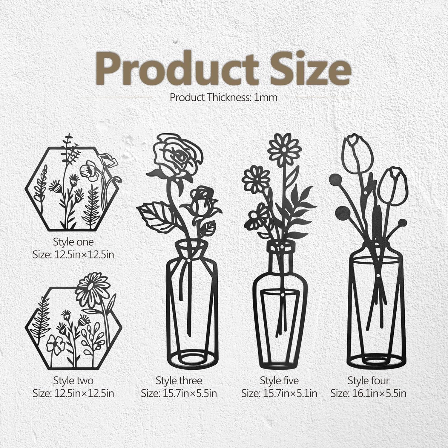 HONGCHU Wall Decor 5 Piece Metal Vase Art Set