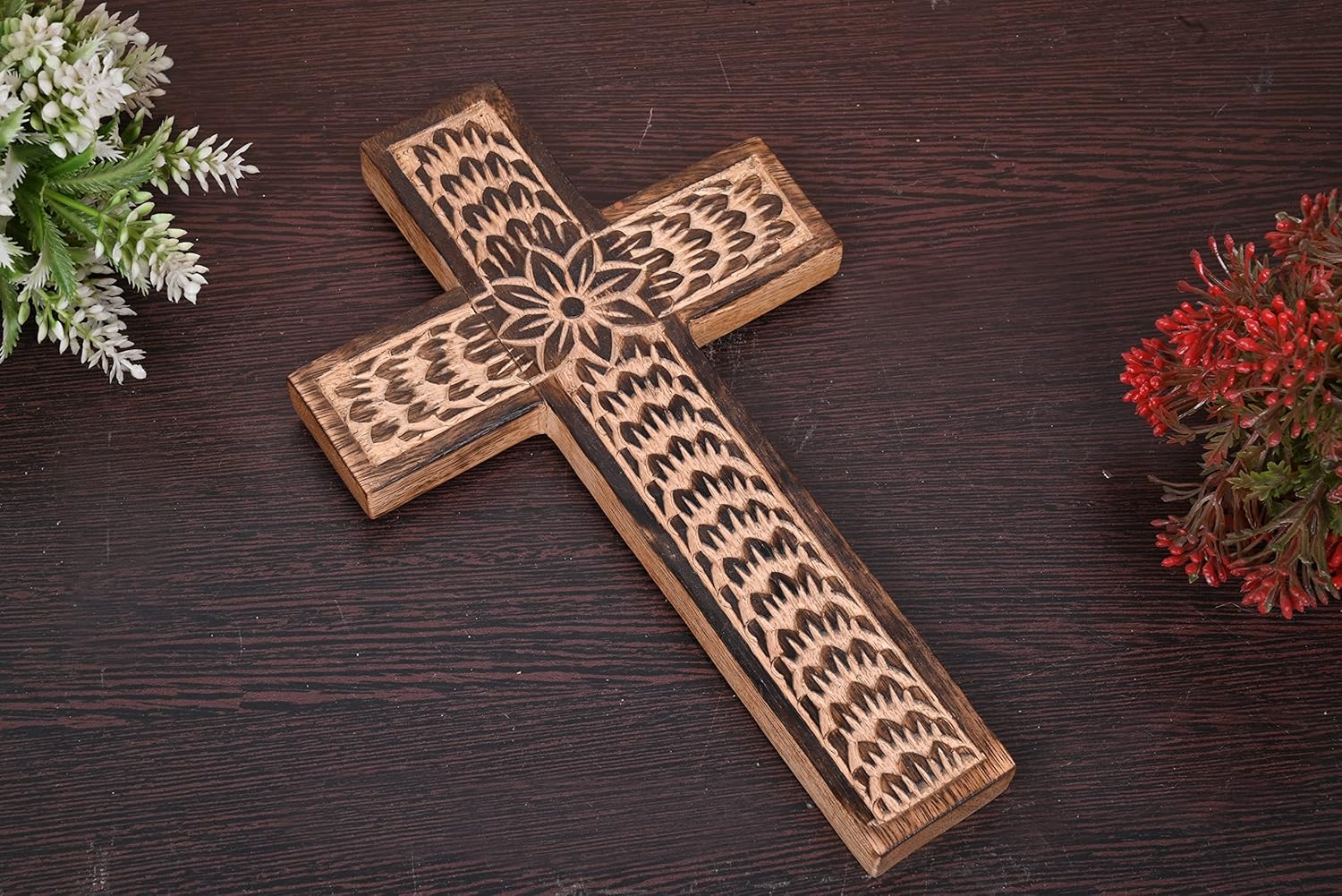 Samhita Mango Wood Wall Cross with Floral Design