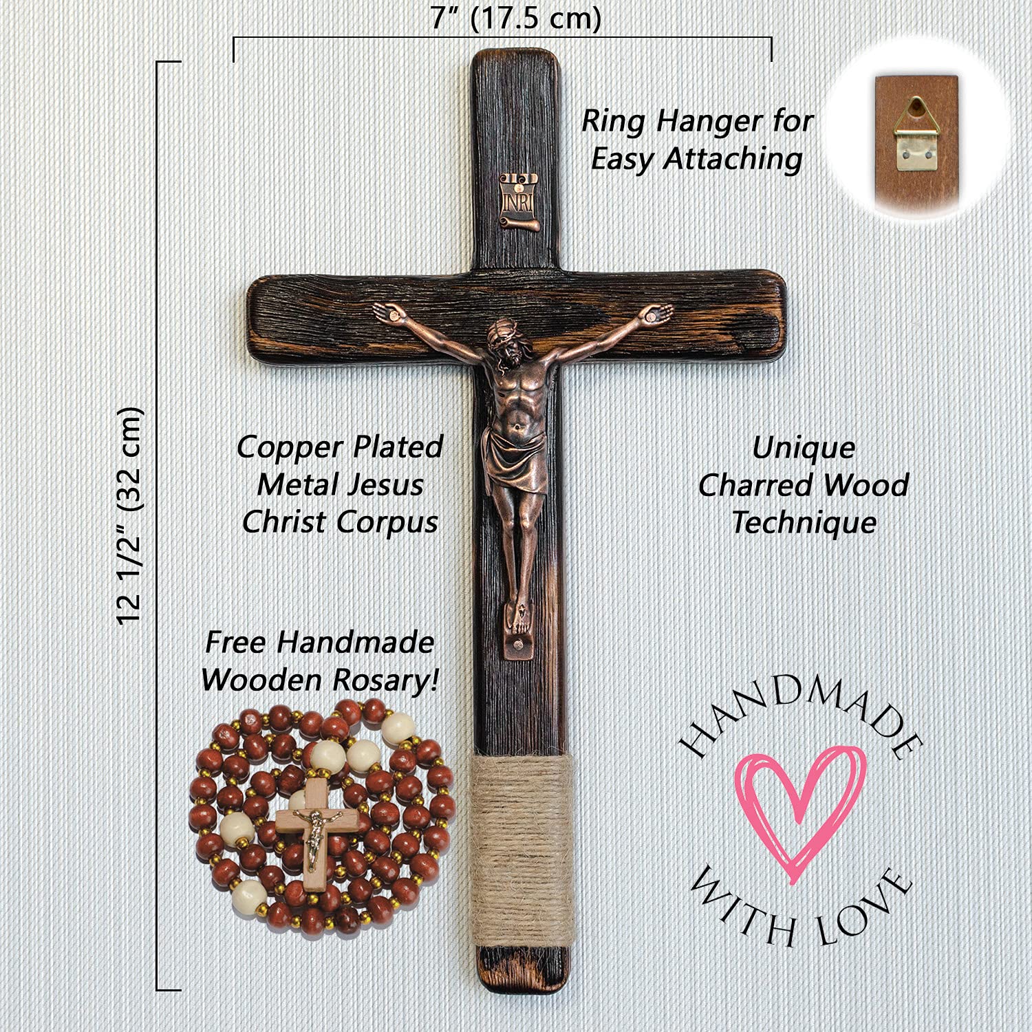 Asterom Rustic 12 Inch Wall Cross Handmade Wooden Crucifix