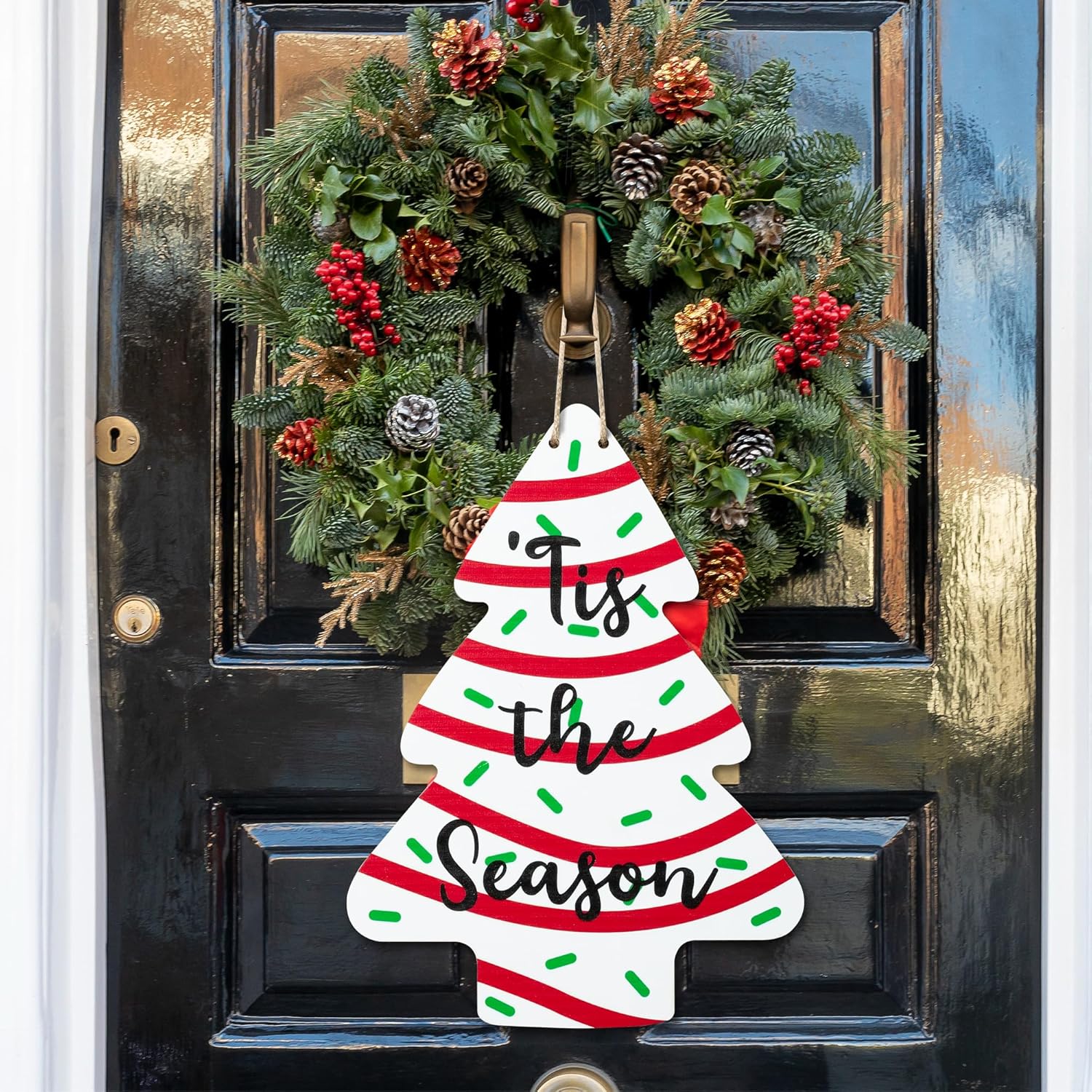 Christmas Tree-Shaped Wooden Door Sign with Hanging String