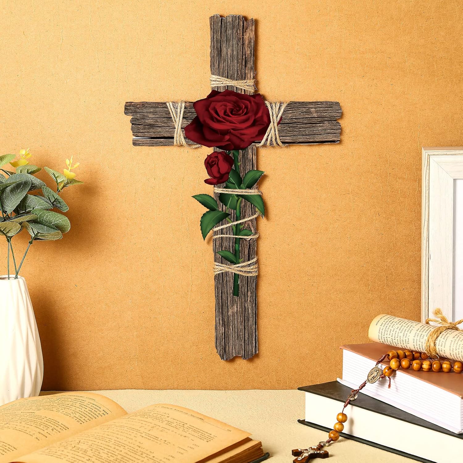 Chunful Wooden Wall Cross with Hemp Rope and Rose