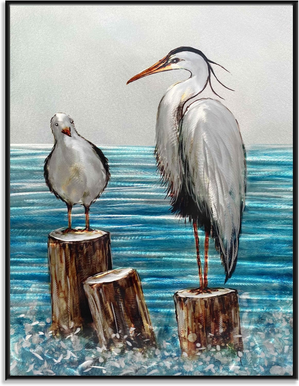 Heron and Seagull Metal Wall Sculpture Silver Aqua Aluminum Art